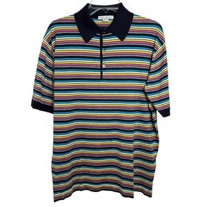 John Smedley Striped Knit Polo Shirt Size XL Sea Island Cotton
